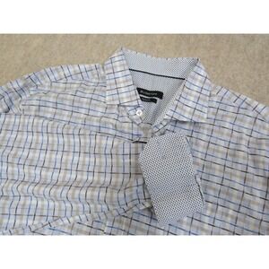 Bugatchi Mens Classic Fit Plaid Long Sleeve Button Down Shirt Blue Tan XL